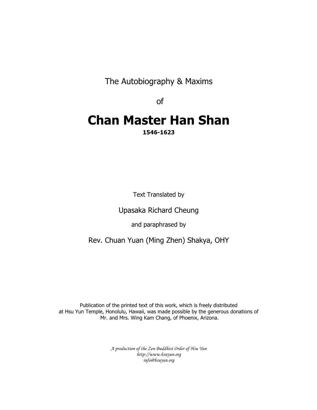 The Autobiography & Maxims of Chan Master Han Shan