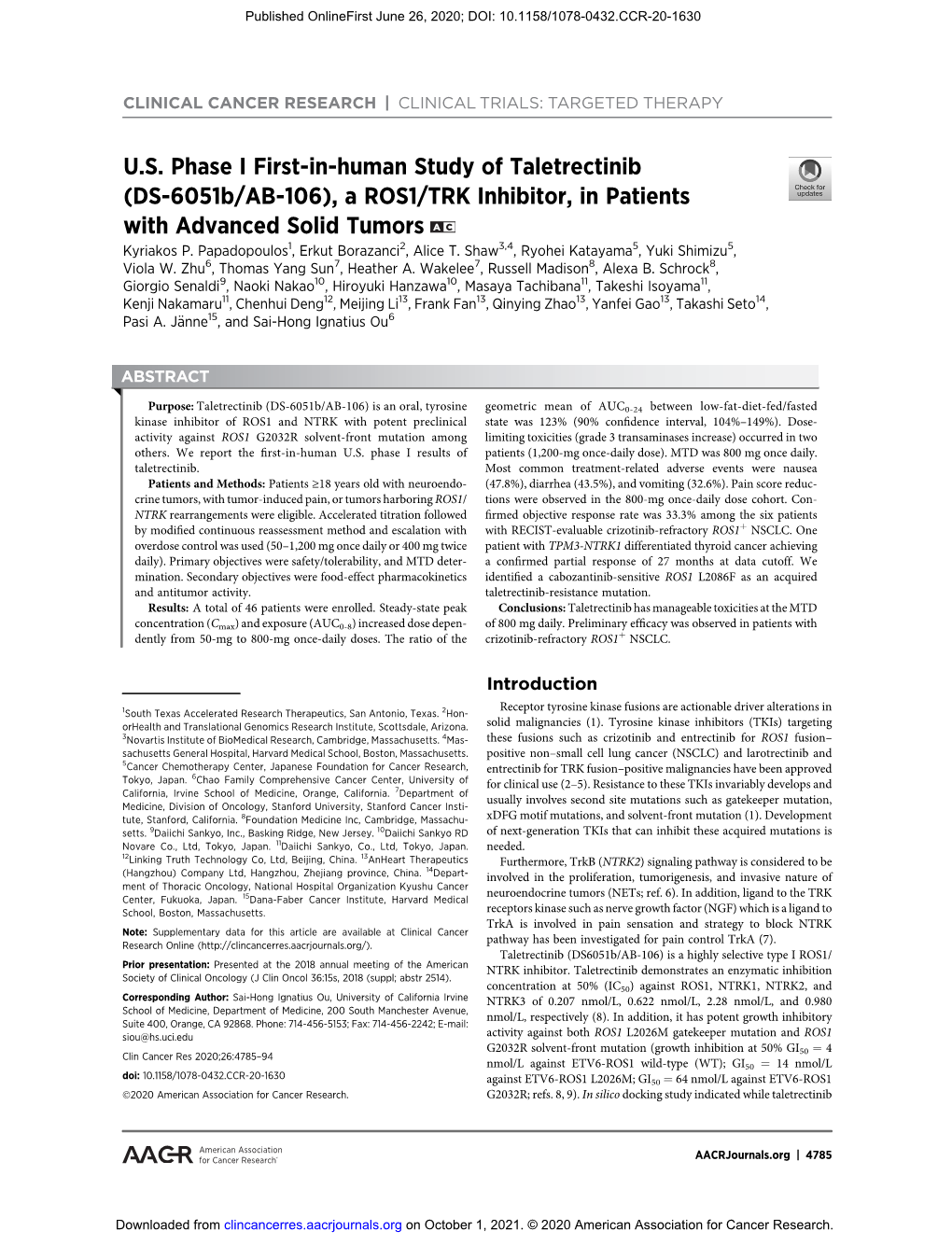 A ROS1/TRK Inhibitor, in Patients with Advanced Solid Tumors a C Kyriakos P
