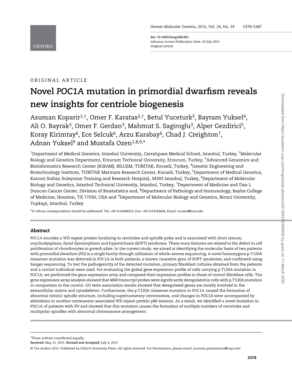 Novel POC1A Mutation in Primordial Dwarfism Reveals New Insights For