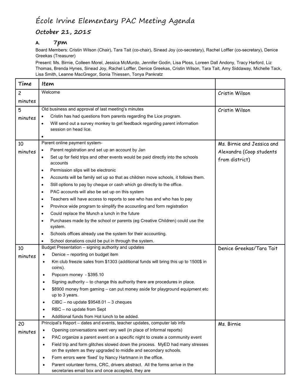 École Irvine Elementary PAC Meeting Agenda