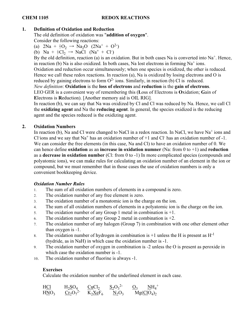 CHEM 1105 REDOX REACTIONS 1. Definition of Oxidation And