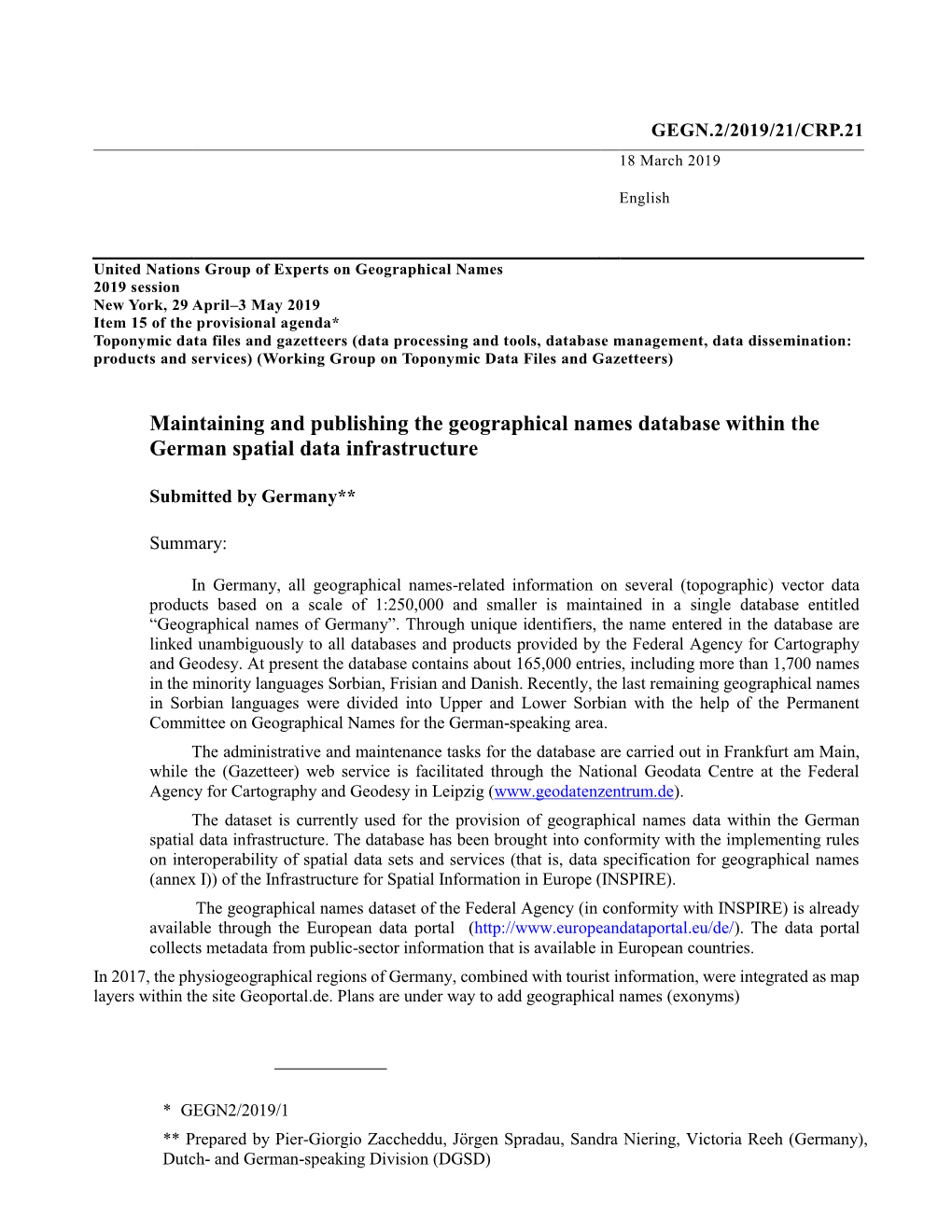 Maintaining and Publishing the Geographical Names Database Within the German Spatial Data Infrastructure