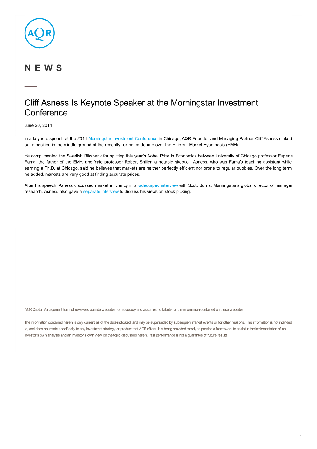 Cliff Asness Is Keynote Speaker at the Morningstar Investment Conference