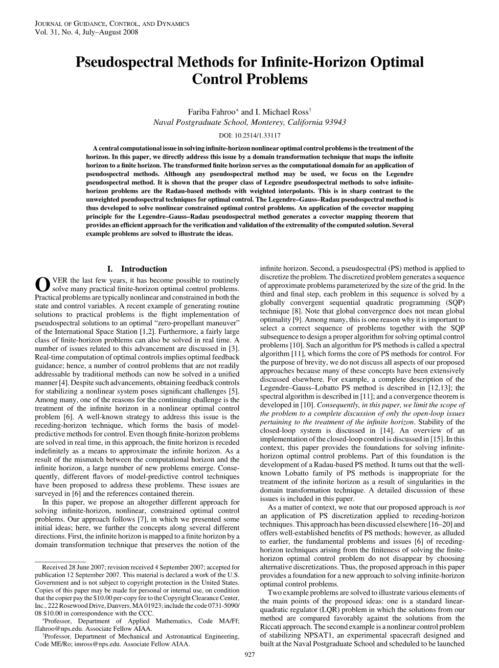 Pseudospectral Methods for Infinite-Horizon Optimal Control