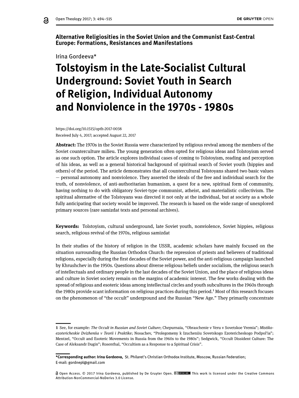 Tolstoyism in the Late-Socialist Cultural Underground: Soviet Youth in Search of Religion, Individual Autonomy and Nonviolence in the 1970S - 1980S