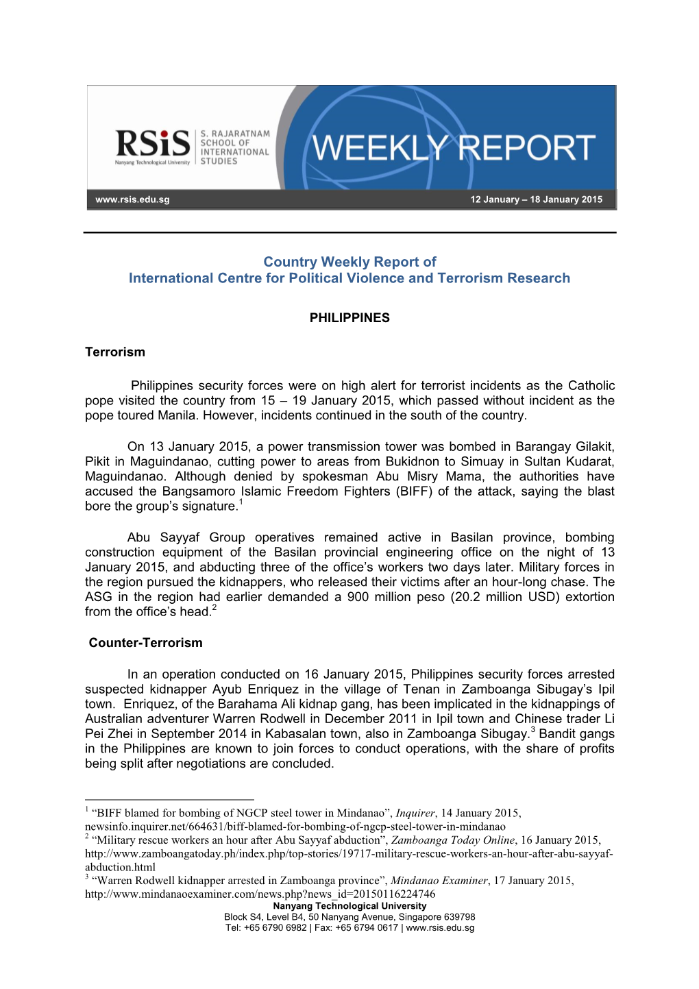 Country Weekly Report of International Centre for Political Violence and Terrorism Research