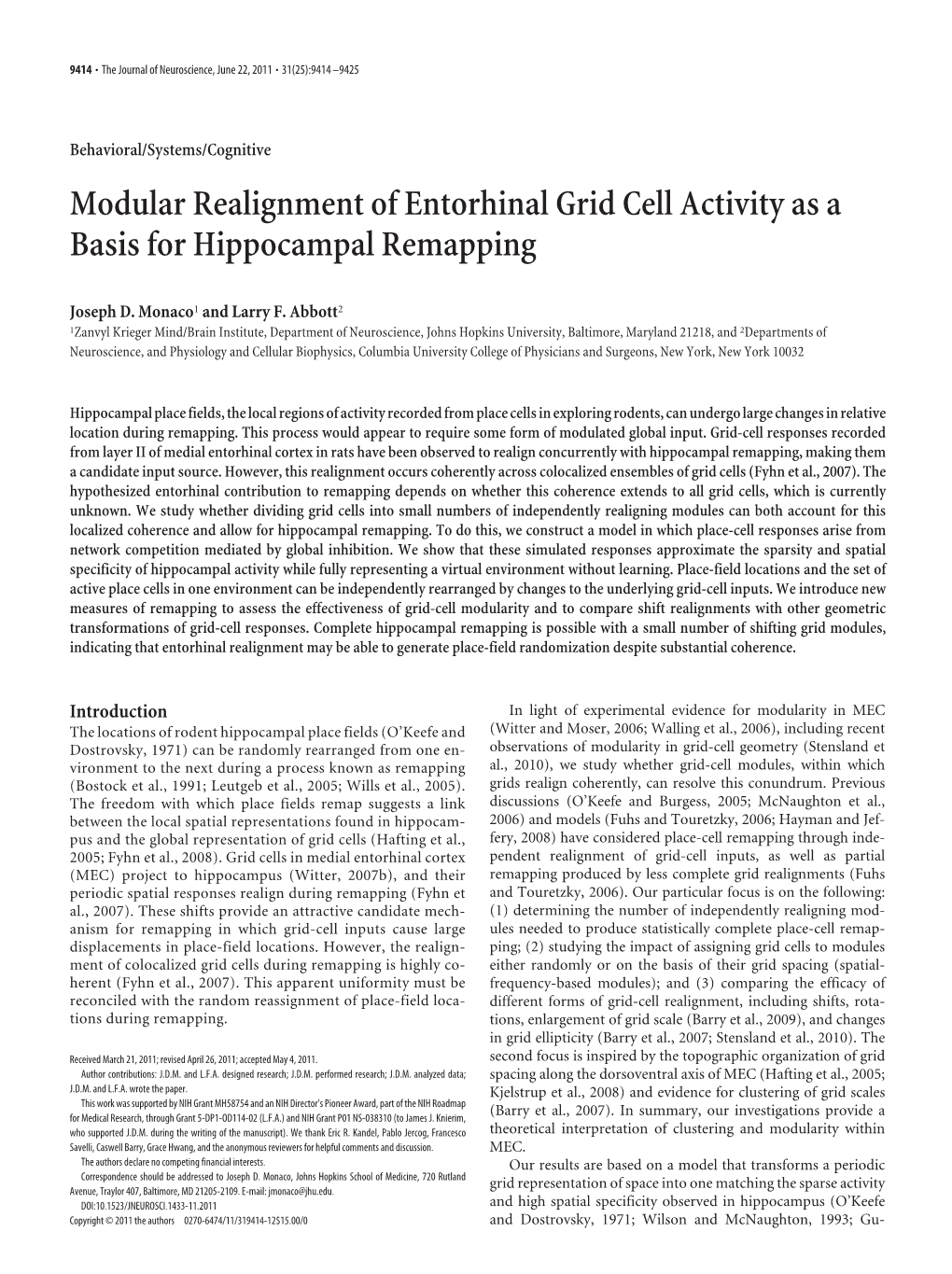 Modular Realignment of Entorhinal Grid Cell Activity As a Basis for Hippocampal Remapping