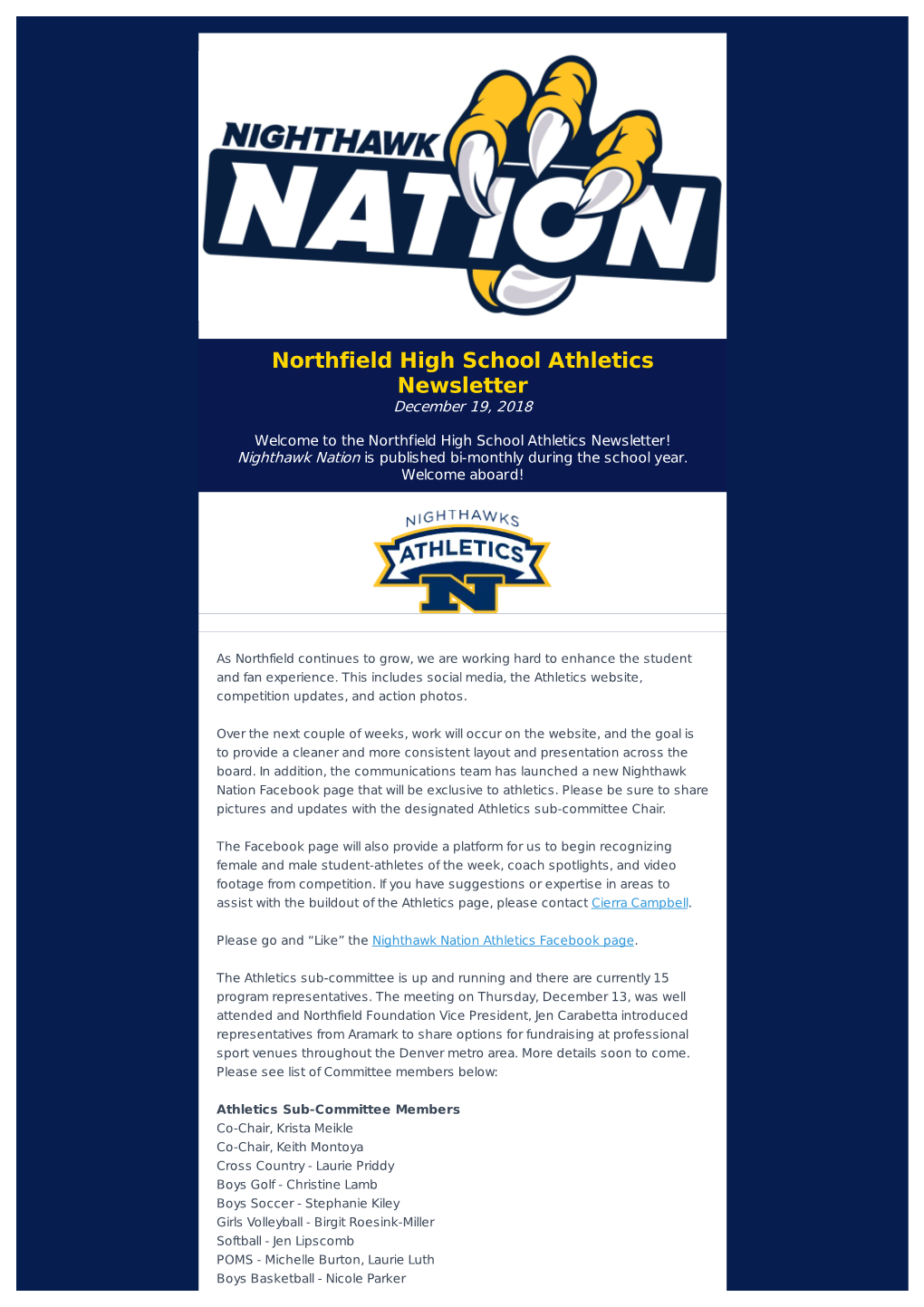 Northfield High School Athletics Newsletter December 19, 2018