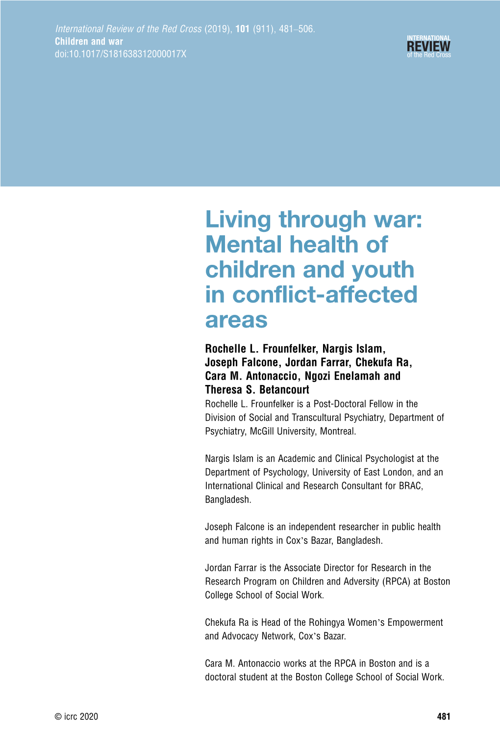 Living Through War: Mental Health of Children and Youth in Conflict-Affected Areas Rochelle L