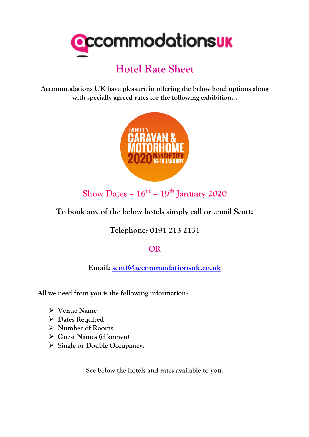 Manchester Caravan Show Hotel Rate Sheet