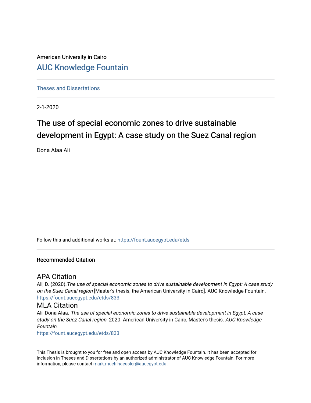 The Use of Special Economic Zones to Drive Sustainable Development in Egypt: a Case Study on the Suez Canal Region