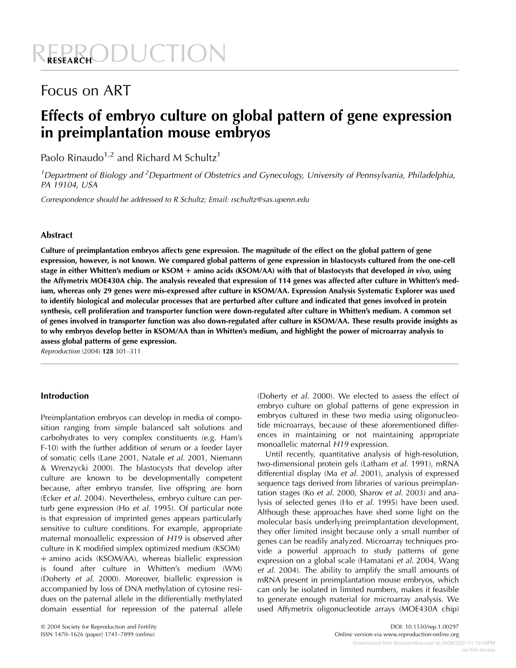 Focus on ART Effects of Embryo Culture on Global Pattern of Gene Expression in Preimplantation Mouse Embryos