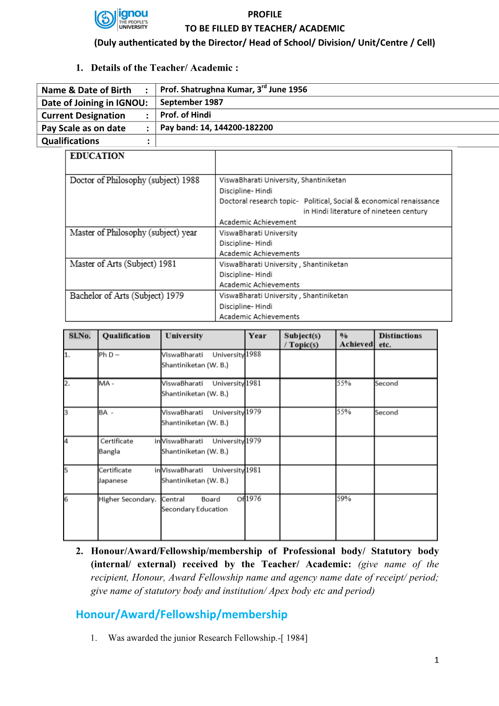 Shatrughna Kumar, 3Rd June 1956 Date of Joining in IGNOU: September 1987 Current Designation : Prof