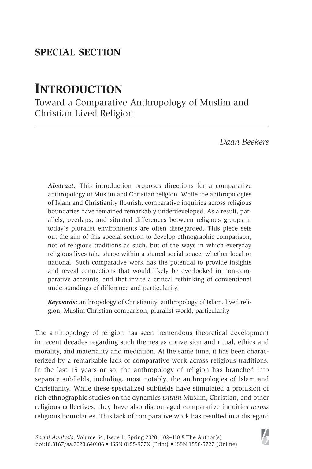 Introduction Toward a Comparative Anthropology of Muslim and Christian Lived Religion