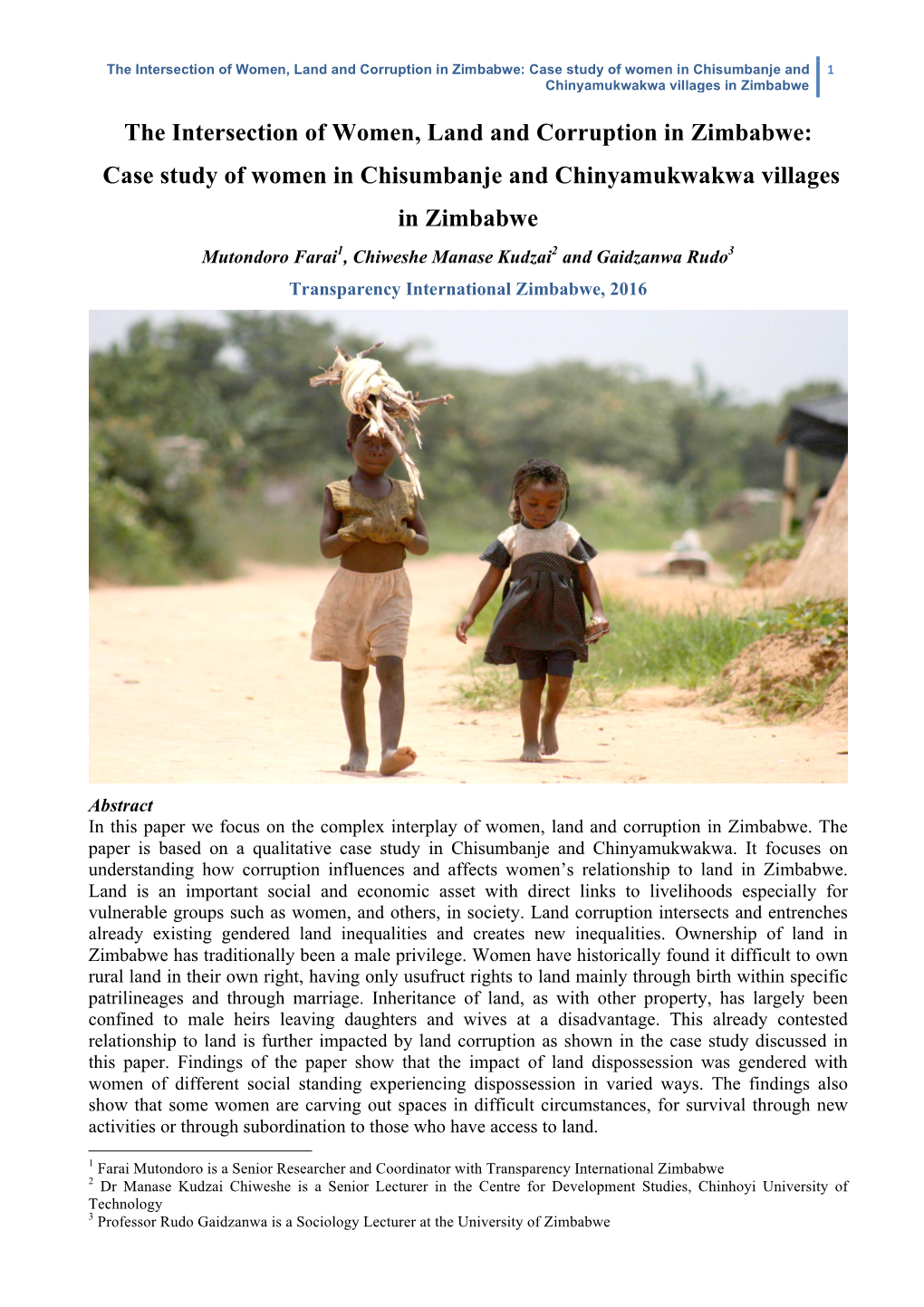 The Intersection of Women, Land and Corruption in Zimbabwe: Case Study of Women in Chisumbanje and 1 Chinyamukwakwa Villages in Zimbabwe