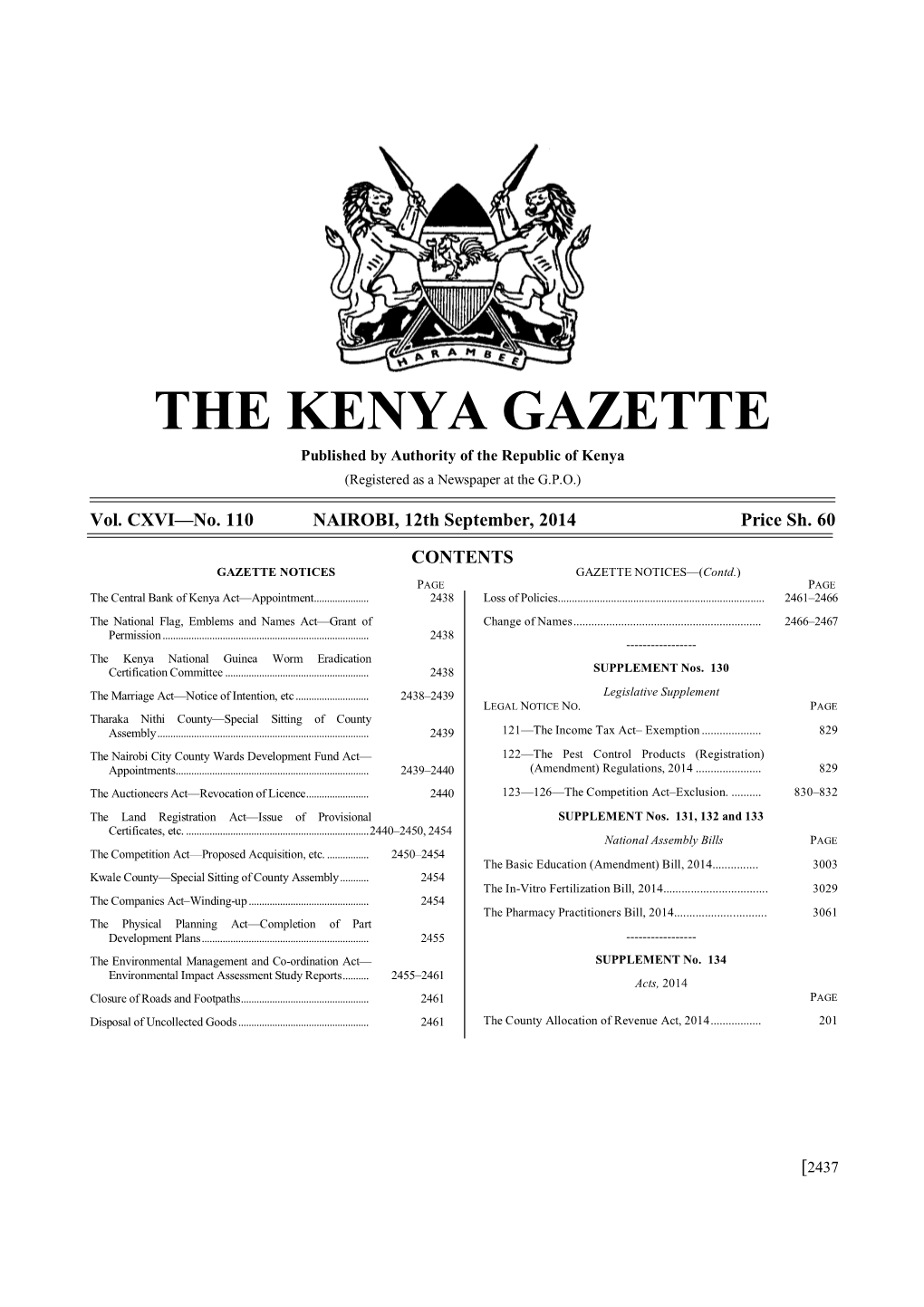 THE KENYA GAZETTE Published by Authority of the Republic of Kenya (Registered As a Newspaper at the G.P.O.)