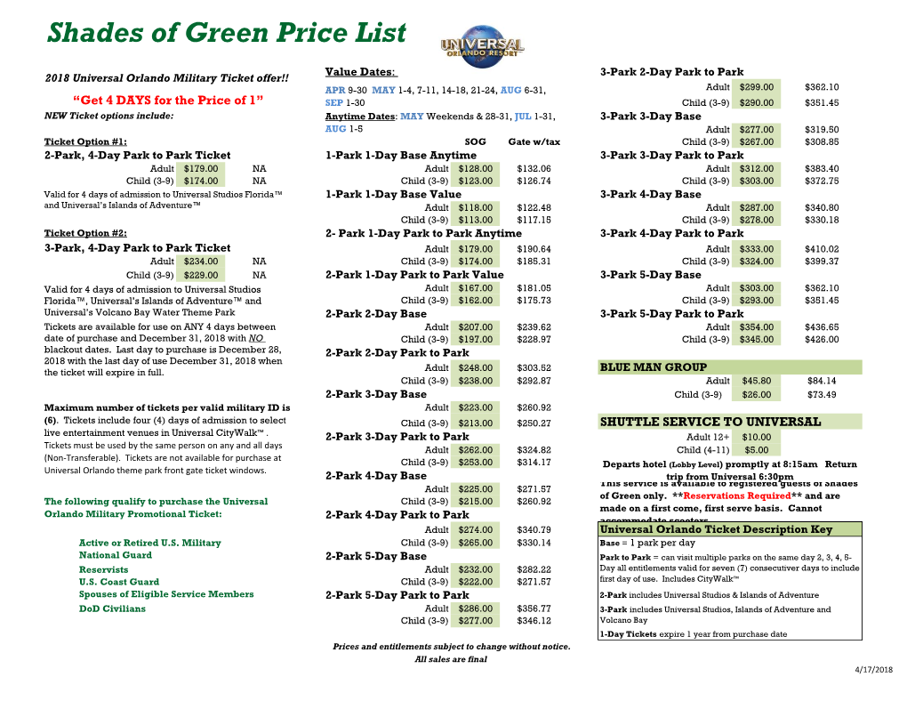 Shades of Green Price List