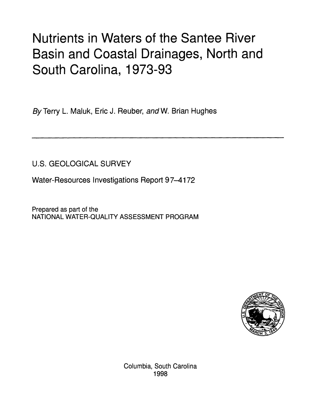 Nutrients in Waters of the Santee River Basin and Coastal Drainages, North and South Carolina, 1973-93