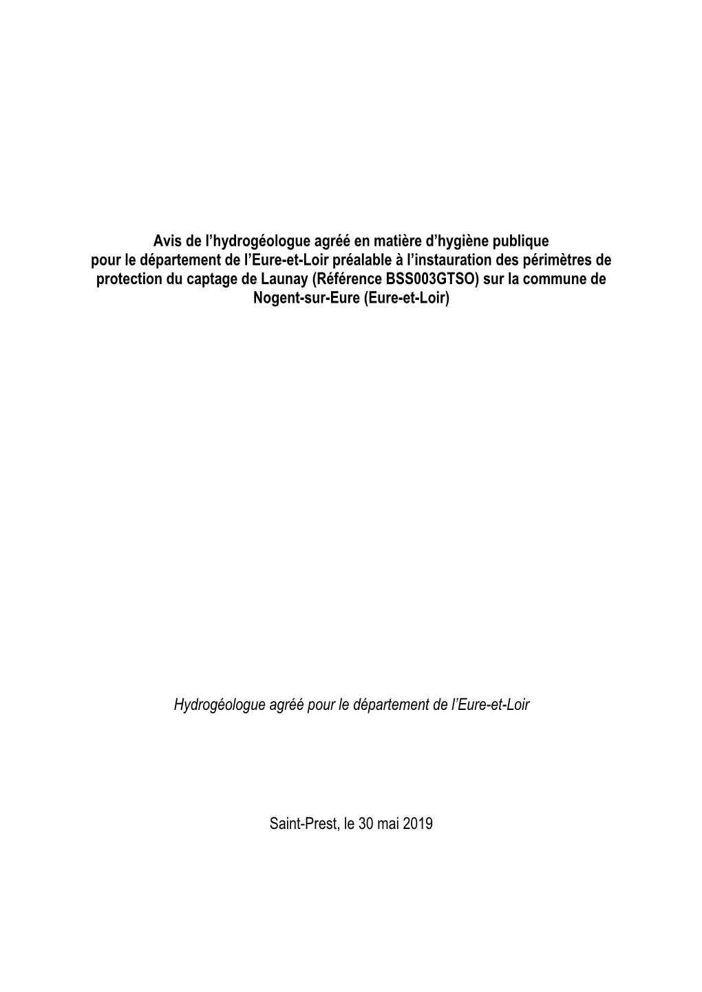 Avis De L'hydrogéologue Agréé En Matière D'hygiène Publique