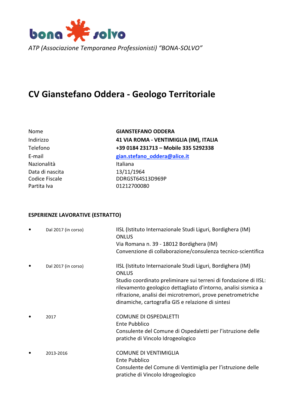 CV Gianstefano Oddera - Geologo Territoriale