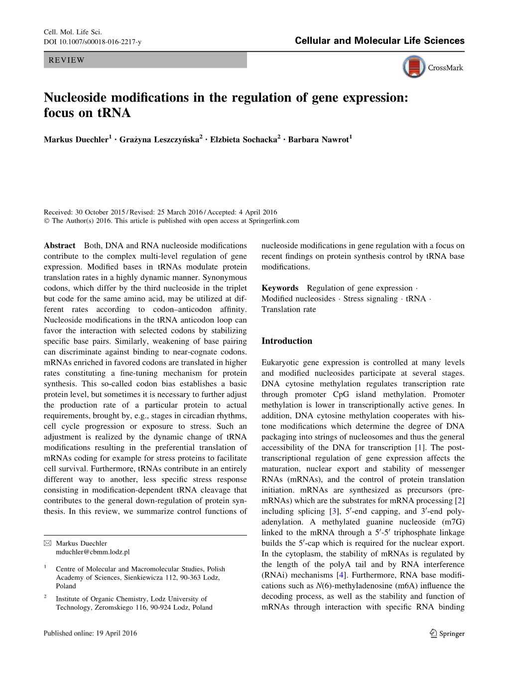 Nucleoside Modifications in the Regulation of Gene Expression