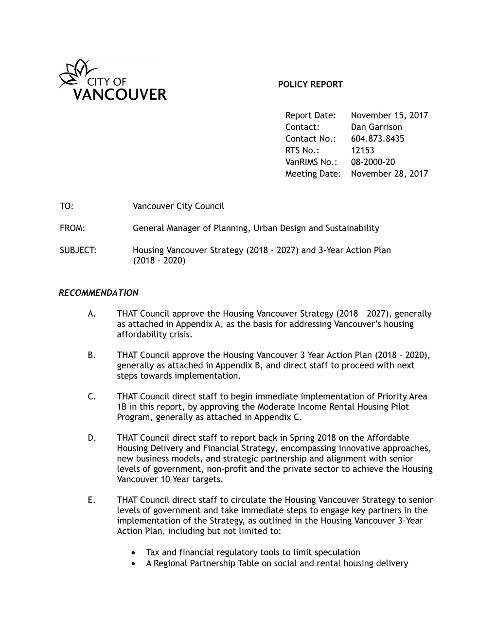 Housing Vancouver Strategy & 3 Year Action Plan
