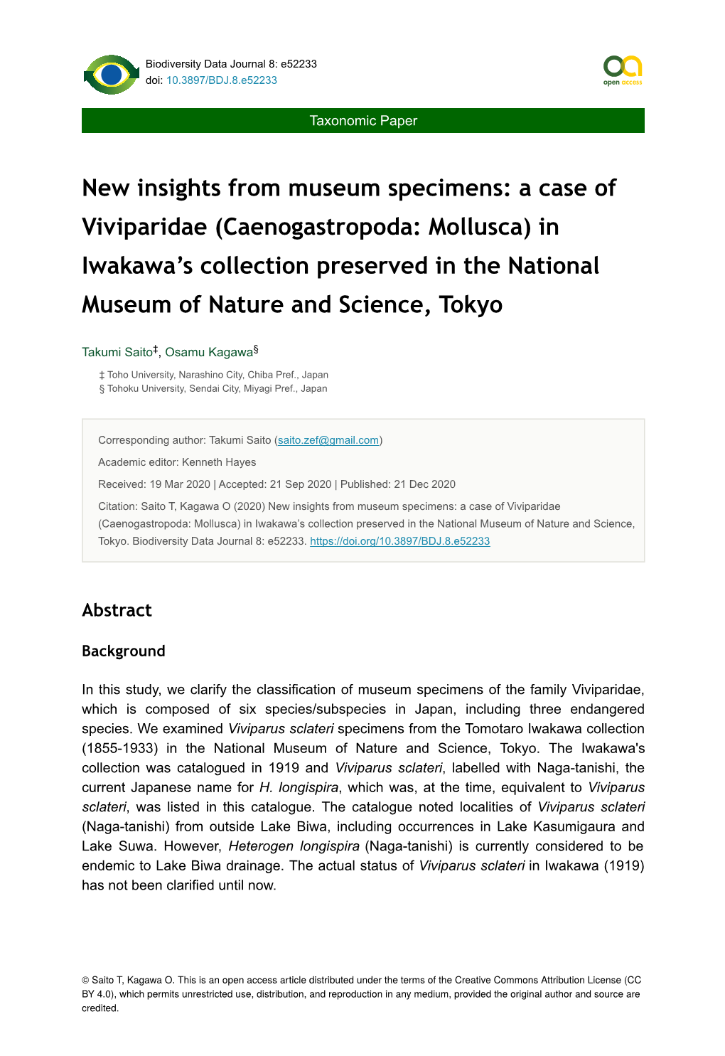 A Case of Viviparidae (Caenogastropoda: Mollusca) in Iwakawa’S Collection Preserved in the National Museum of Nature and Science, Tokyo