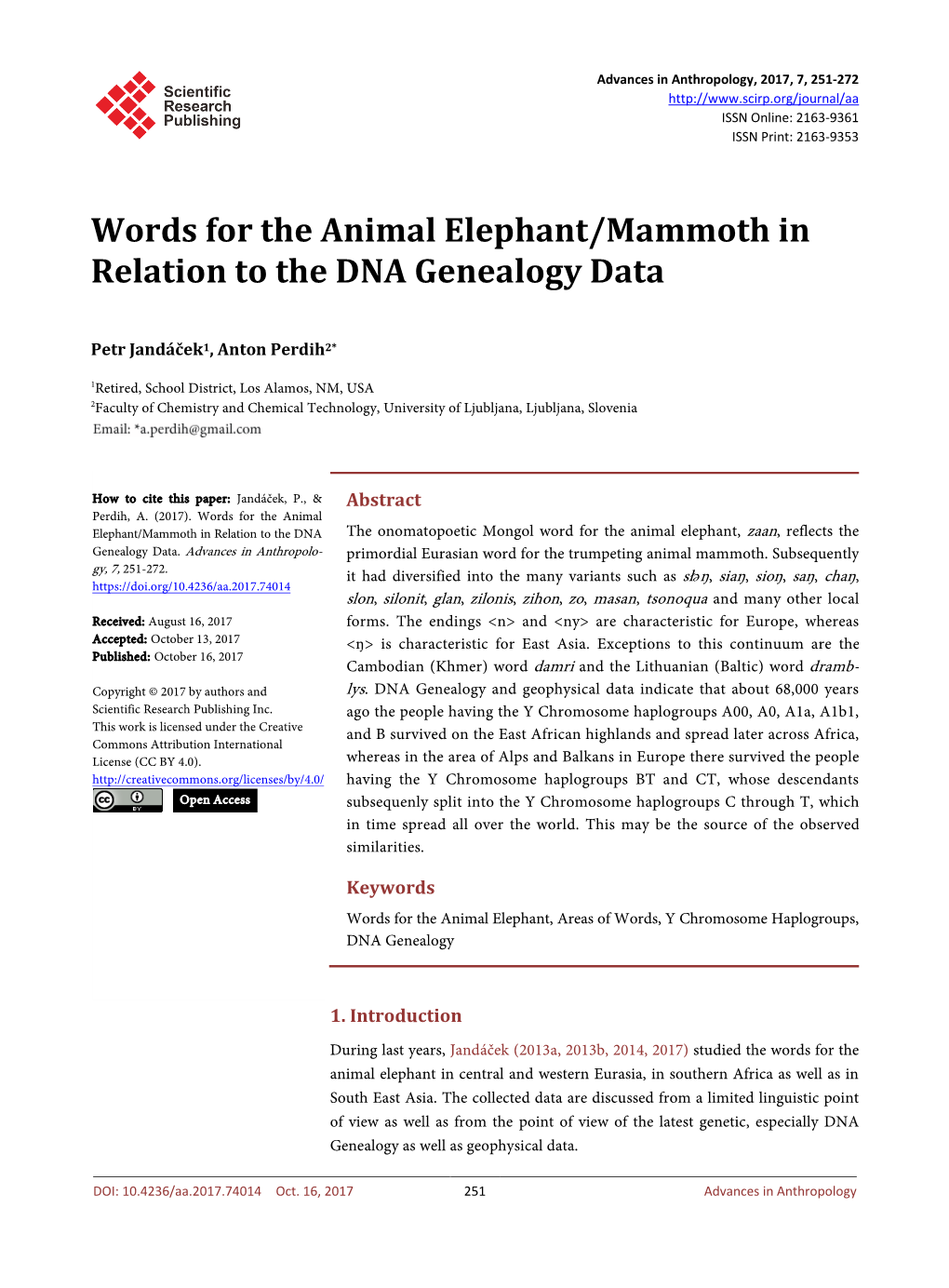 Words for the Animal Elephant/Mammoth in Relation to the DNA Genealogy Data