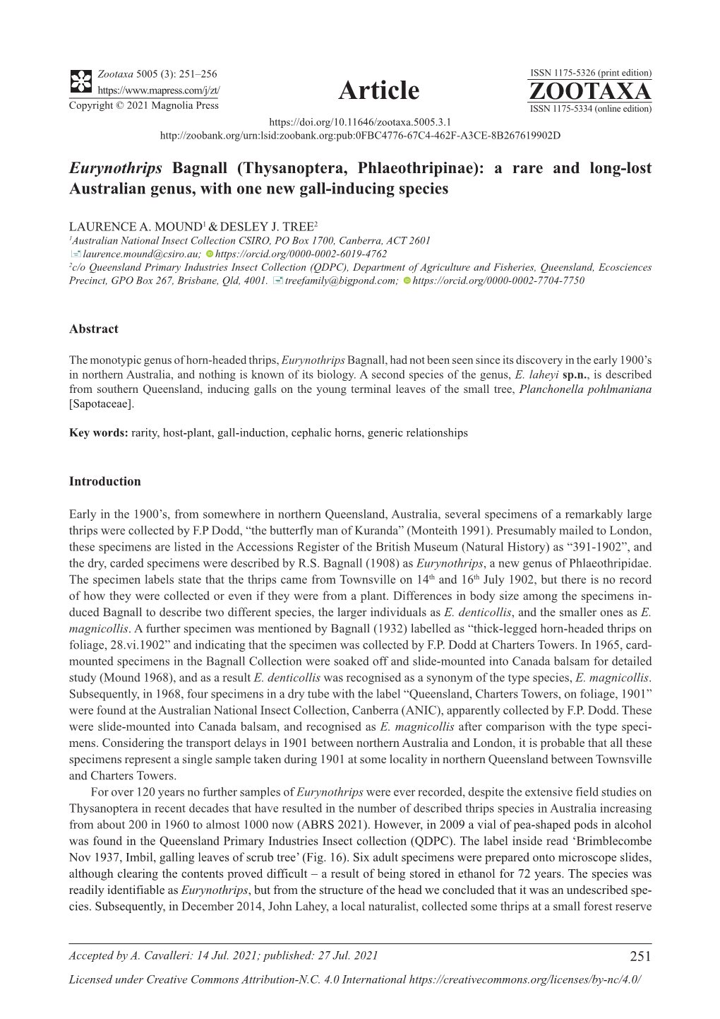 Eurynothrips Bagnall (Thysanoptera, Phlaeothripinae): a Rare and Long-Lost Australian Genus, with One New Gall-Inducing Species