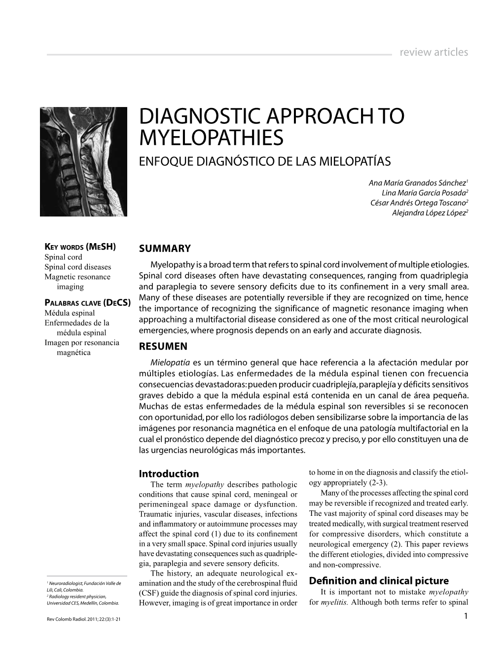 DIAGNOSTIC APPROACH to MYELOPATHIES Enfoque Diagnóstico De Las Mielopatías