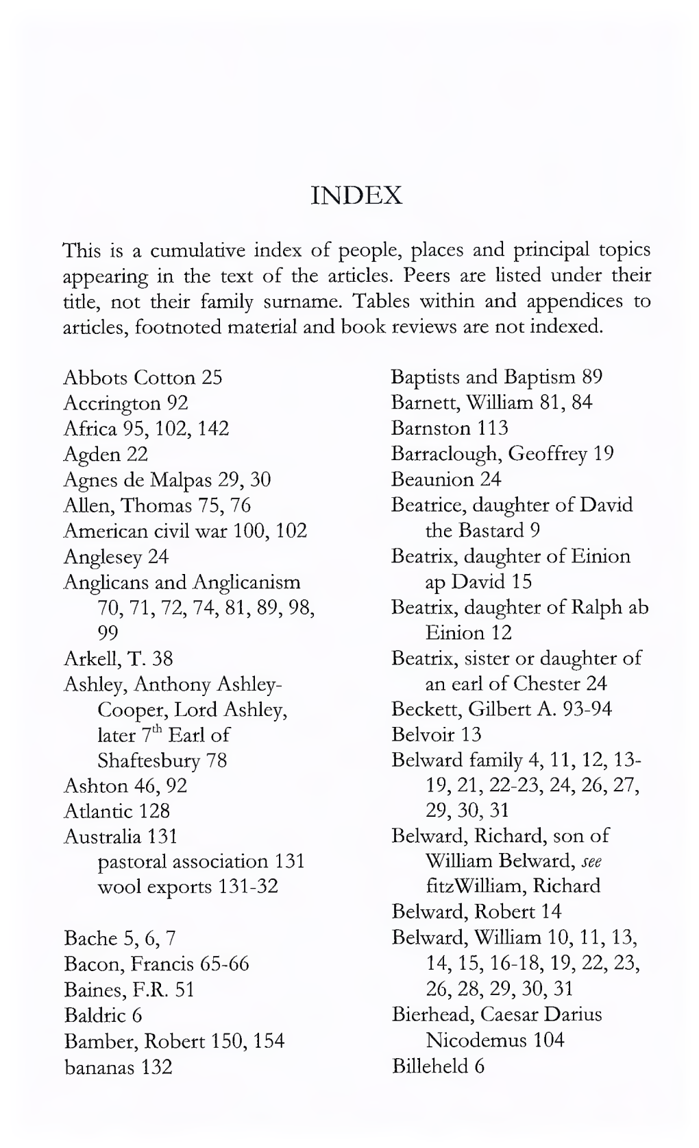 This Is a Cumulative Index of People, Places and Principal Topics Appearing in the Text of the Articles. Peers Are Listed Under Their Title, Not Their Family Surname