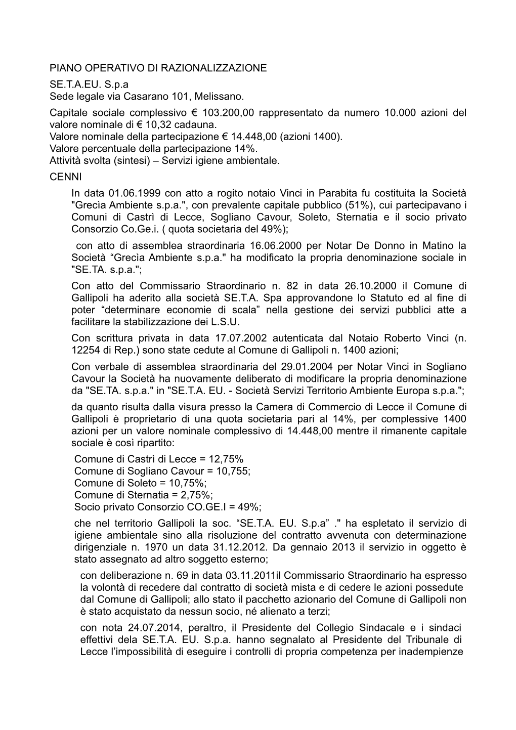 Piano Operativo Di Razionalizzazione Se.Taeu