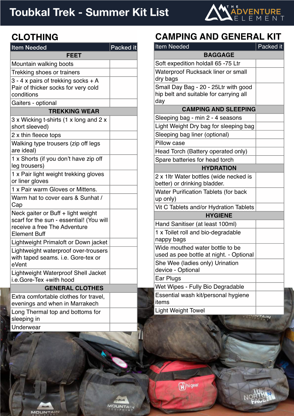 Toubkal Trek - Summer Kit List