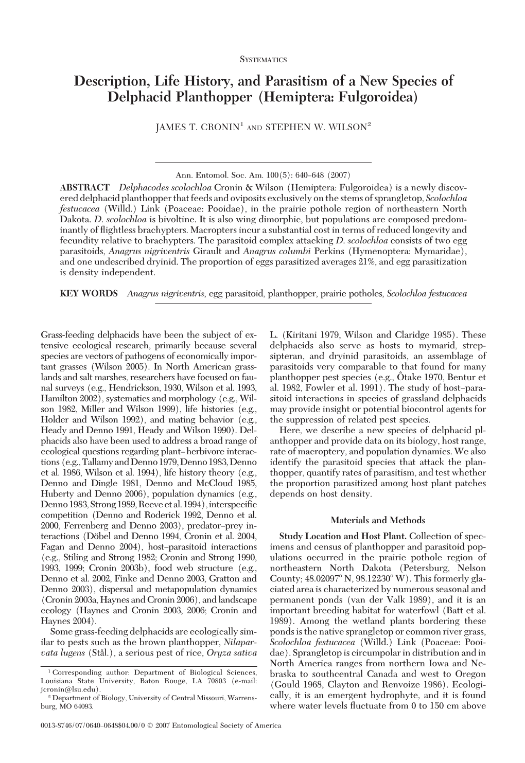 Description, Life History, and Parasitism of a New Species of Delphacid Planthopper (Hemiptera: Fulgoroidea)