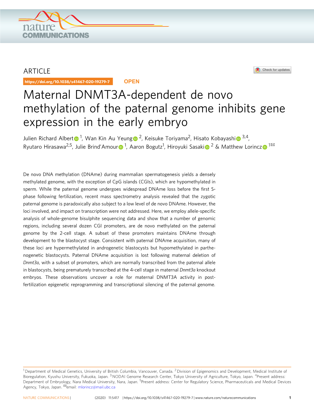 Maternal DNMT3A-Dependent De Novo Methylation of the Paternal Genome Inhibits Gene Expression in the Early Embryo