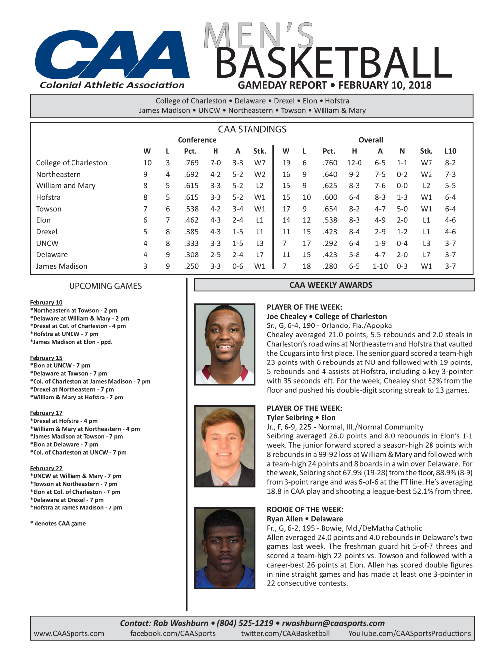 Men's Basketball CONFERENCE BASKETBALL STATISTICS Through Games of Feb 08, 2018 (All Games)