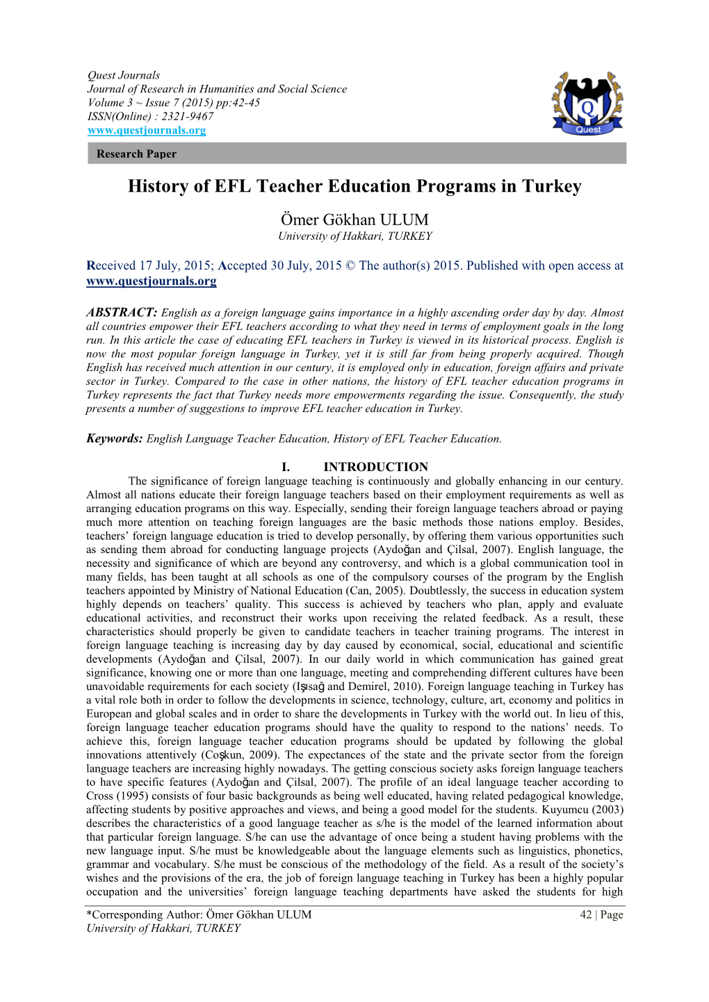 History of EFL Teacher Education Programs in Turkey