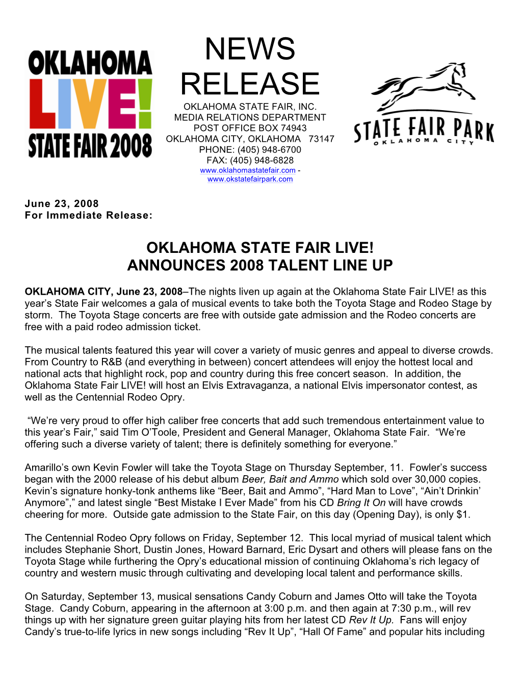 News Release Oklahoma State Fair, Inc