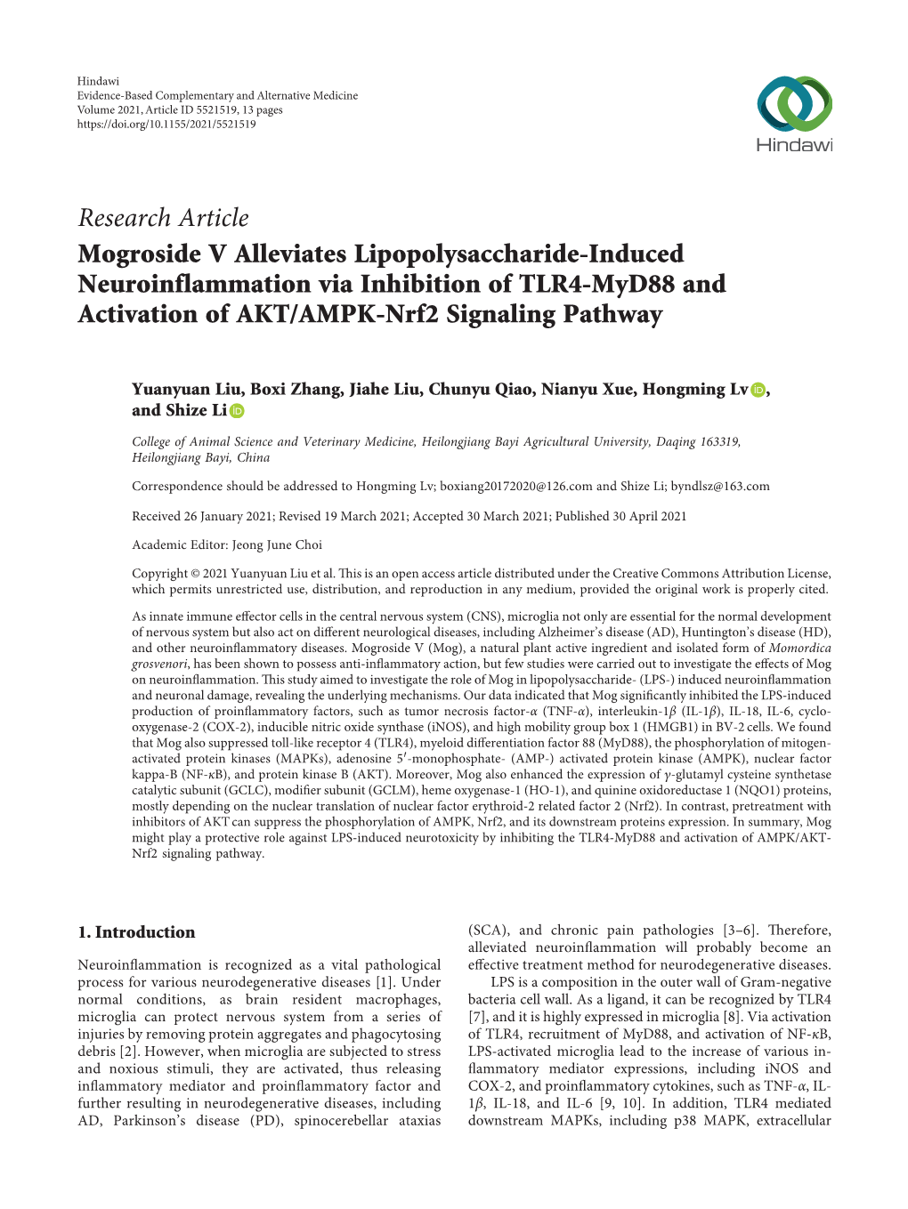 Mogroside V Alleviates Lipopolysaccharide-Induced Neuroinflammation Via Inhibition of TLR4-Myd88 and Activation of AKT/AMPK-Nrf2 Signaling Pathway