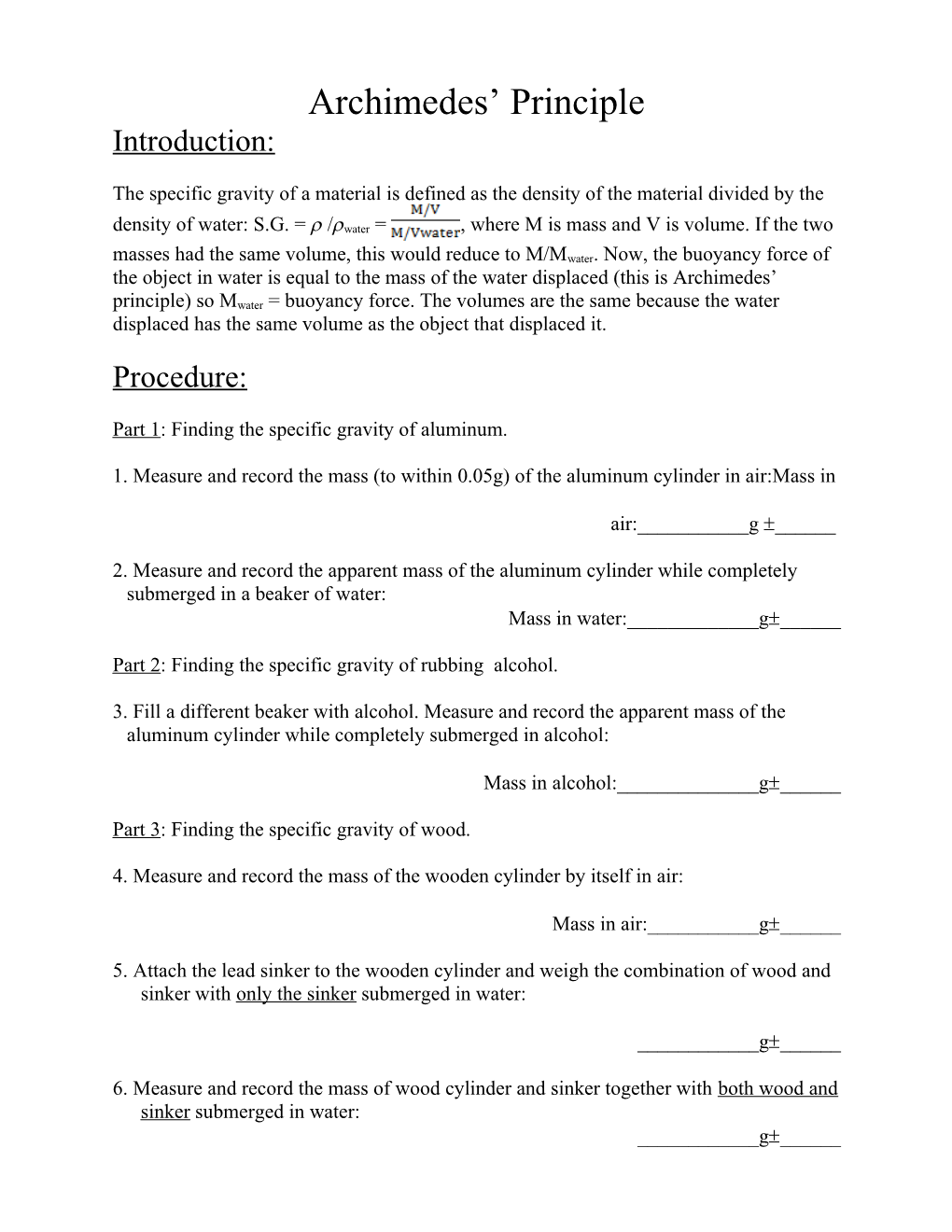 Part 1: Finding the Specific Gravity of Aluminum