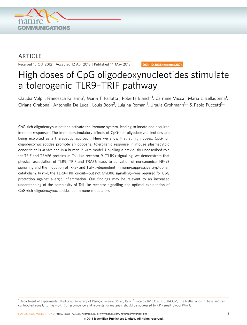 High Doses of Cpg Oligodeoxynucleotides Stimulate a Tolerogenic TLR9–TRIF Pathway