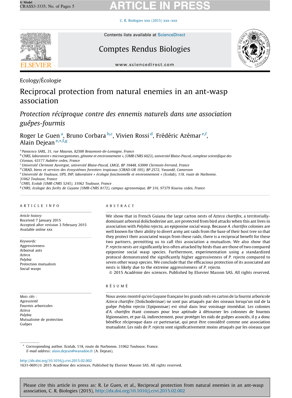 Reciprocal Protection from Natural Enemies in an Ant-Wasp Association