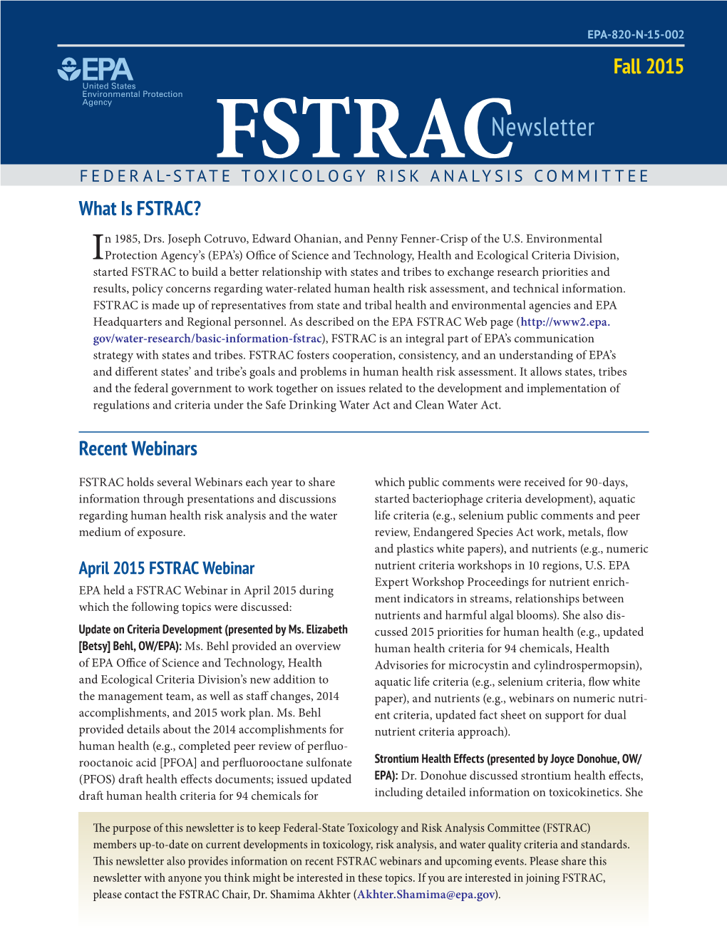 FSTRAC Newsletter Fall 2015 (Pdf)