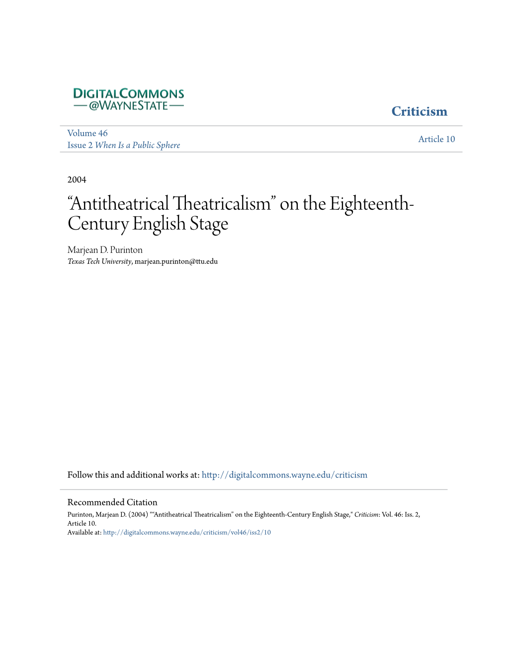 “Antitheatrical Theatricalism” on the Eighteenth-Century English Stage,