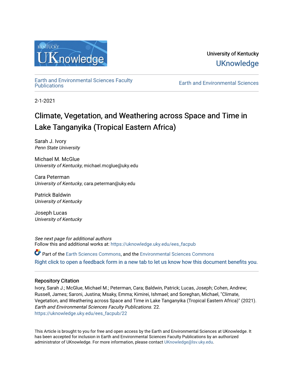 Climate, Vegetation, and Weathering Across Space and Time in Lake Tanganyika (Tropical Eastern Africa)