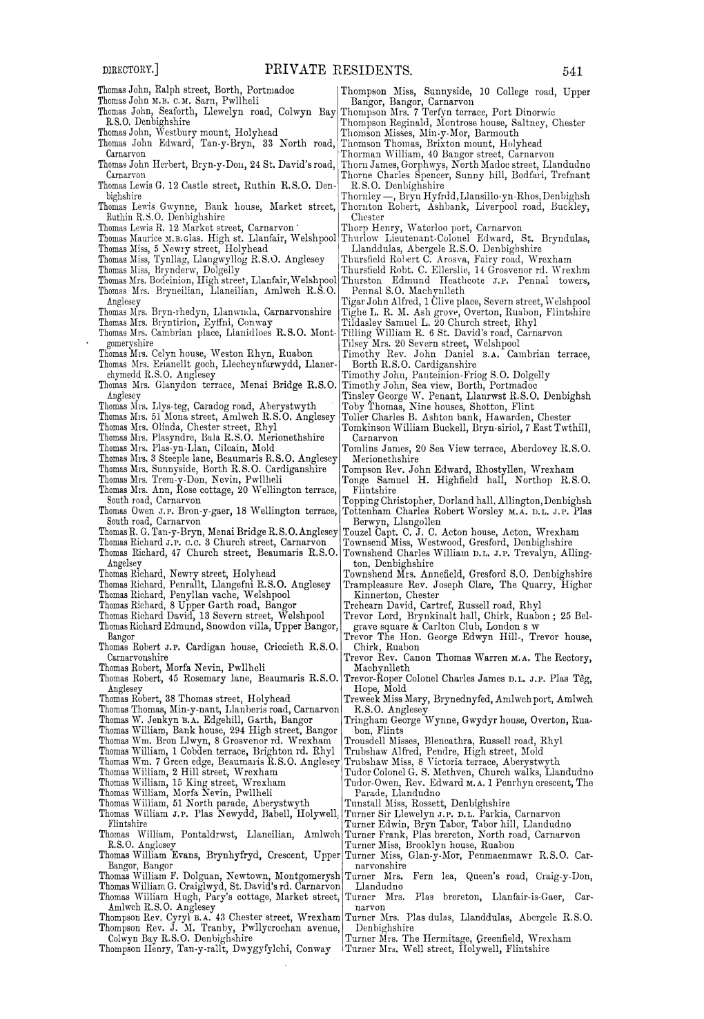 PRIVATE RESIDENTS. 541 Thomas John, Ralph Street, Borth, Portmadoc Thompson :Miss, Sunnyside, 10 College Road, Upper Thomas John M