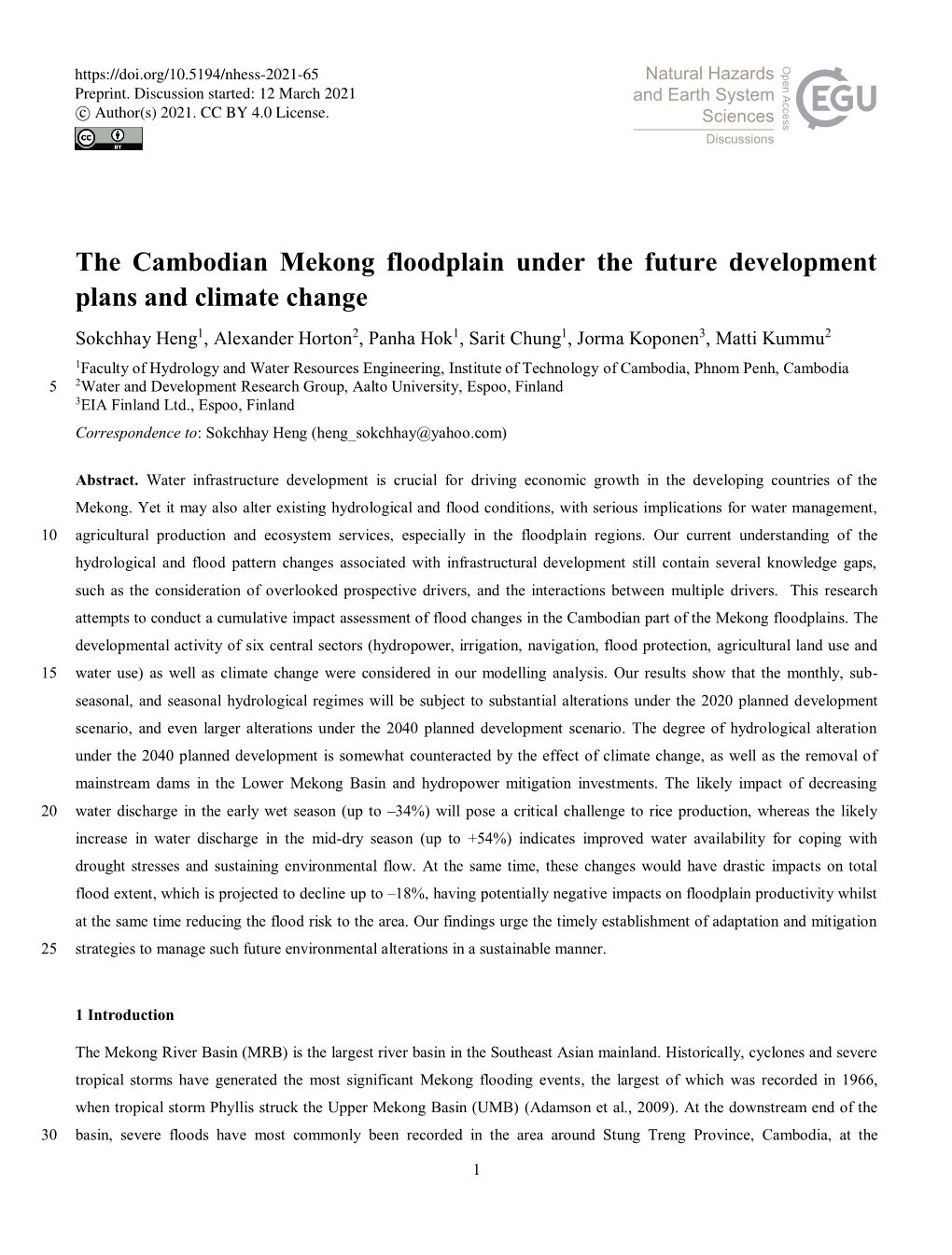 The Cambodian Mekong Floodplain Under the Future Development Plans