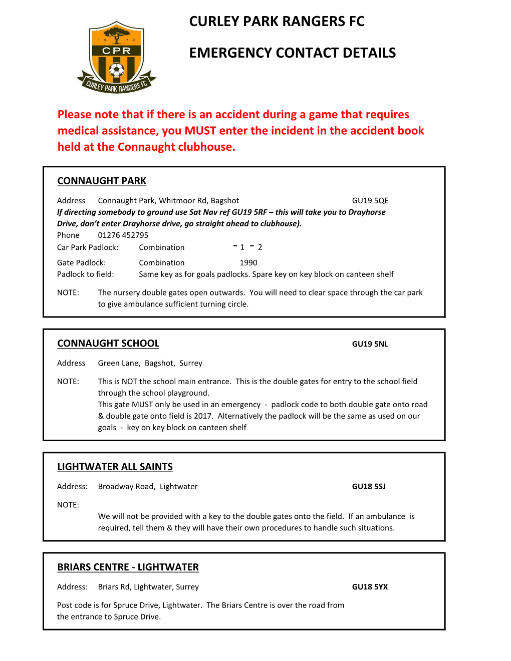 Curley Park Rangers Fc Emergency Contact Details