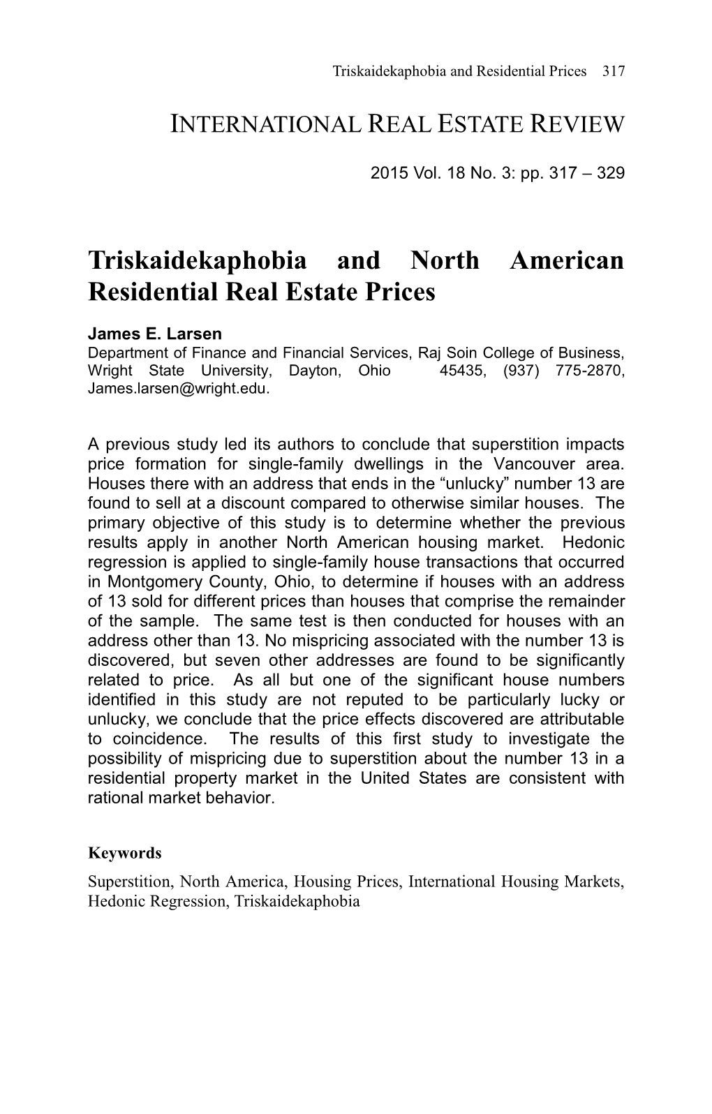 Triskaidekaphobia and North American Residential Real Estate Prices