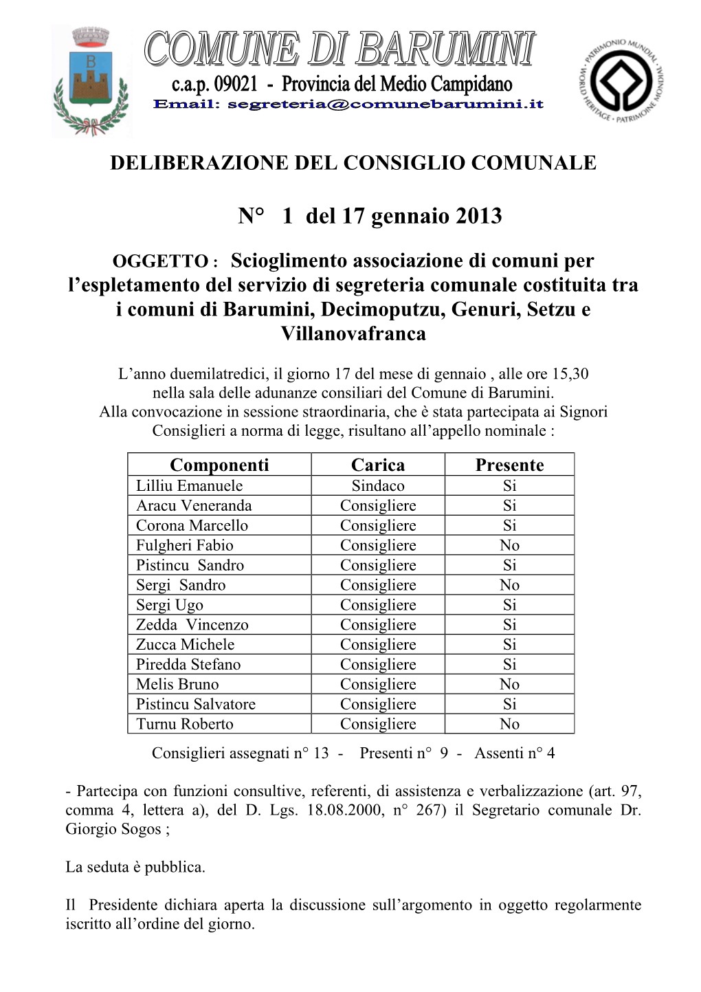 01 Scioglimento Associazione Comuni Servizio Segreteria Tra I